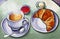 Fresh french breakfast with coffee expresso and croissant in watercolor