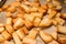 Fresh fried baked crunchy crispy golden croutons traditional snack from white bread