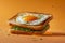 Fresh Fried Egg on Toast with Lettuce and Chives on Orange Background, Floating Breakfast Sandwich Concept