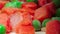 Fresh frozen carrot and pea on a table closeup. Frozen vegetarian food