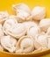 Fresh frozen ravioli in a yellow plate closeup