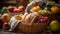 Fresh fruit basket healthy, organic, gourmet picnic generated by AI