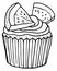 Fresh fruit cupcake icon. Black line muffin doodle