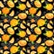 Fresh fruit design with oranges, orange slices, leaves, funny dots, graphic lines. Summer seamless pattern on black