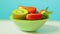 Fresh fruit of kiwi and sliced strawberries on a blue background on a green plate rotates in a circle.