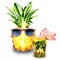 Fresh fruit pineapple with sunglasses and mojito cocktail with lime, mint, pink flower in glass isolated, summertime