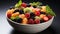 Fresh fruit salad raspberry, strawberry, blueberry, melon, grape, blackberry generated by AI