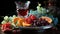 Fresh fruit on table grape, orange, lemon, strawberry, raspberry generated by AI