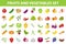 Fresh Fruit and Vegetable icon set, flat, cartoon-style. Berries and herbs on white background. Farm products