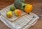 Fresh fruit, vegetables on cotton bags on wooden table.Broccoli, apples, pepper, pear, lime. Top view. Recycling concept. Save the