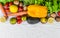 Fresh fruit and vegetables, grains, and nuts on a white background