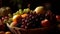 Fresh fruit in wicker basket, autumn abundance generated by AI