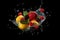 Fresh fruits and berries, splashes of water on a black background. AI generative