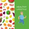 Fresh fruits diet and fitness running for fat people, healthy lifestyle, cardio, sport and low calories food vector