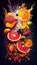 Fresh fruits fall into splashes of water, on a black background