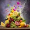 Fresh fruits and flowers in water splashes, dynamic still life
