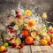 Fresh fruits and flowers in water splashes, dynamic still life