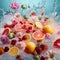 Fresh fruits and flowers in water splashes, dynamic still life