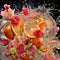 Fresh fruits and flowers in water splashes, dynamic still life