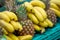 Fresh Fruits in Market.Healthy fruits Banana and Pineapple in the Grocery.