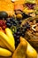 Fresh fruits, nuts. Assorted fruits colorful background. Health diet concept