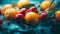 Fresh fruits - oranges,apples, and cherries in a splash of water. Refreshing, vibrant summer banner. Generative Ai image