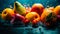 Fresh fruits - oranges ,apples, pears and cherries in a splash of water. Refreshing, vibrant summer banner. Ai generative