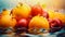 Fresh fruits - oranges and apples in a splash of water. Refreshing, vibrant summer banner. Ai generative