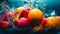 Fresh fruits - oranges and apples in a splash of water. Refreshing, vibrant summer banner. Ai generative
