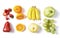 Fresh fruits in raws on white background. Red, orange, yellow and green. Food ingredients