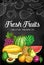 Fresh fruits sketch blackboard of farm food