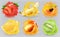 Fresh fruits and splashes, 3d realistic vector icon set