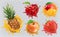 Fresh fruits and splashes, 3d vector icon set