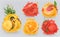 Fresh fruits and splashes, 3d vector icon set