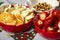 Fresh fruits strawberries, tangerines, pears and nuts on the festive table. Deet food.