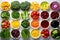 fresh fruits and vegetables arranged by color gradient