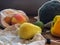 Fresh fruits and vegetables in cotton bags. Broccoli, pear, apple, lime, oranges. Ecological concept. Close up. recycling.