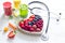 Fresh fruits vegetables and heart shape with stethoscope health diet concept