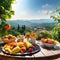 Fresh fruits on the wooden table. A beautiful view on the mountains from patio. Sunny day