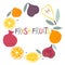Fresh Fruits wreath. Round seasonal fruit frame. Lemon, Pear, fig, pomegranate, apricot isolated. Summer tropical