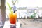FRESH FRUITY ALCOHOLIC DRINK, LIQUEUR WITH STRAW, STRAWBERRY, CHERRY AND MINT. copy space, text