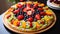 Fresh and fruity pizza dessert loaded with kiwi, strawberries, and blueberries.