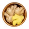 Fresh ginger roots, peeled and unpeeled, in a wooden bowl