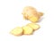 Fresh ginger slices on white background, herb and raw material c