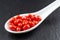 Fresh goji berries in a white porcelain spoon