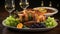 Fresh gourmet turkey meat on a wooden plate, autumn celebration generated by AI