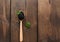Fresh grainy black paddlefish caviar in brown wooden spoon on a black background, top view
