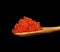 Fresh grainy red chum salmon caviar in a wooden spoon, delicious and healthy food