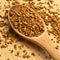 Fresh granules of instant coffee grains, in wooden spoon, on wooden background