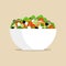 Fresh greek salad in big bowl, side view. Tomato, sweet pepper, onion, greens, cheese, olives, cucumber, mixed in plate. Vector fl